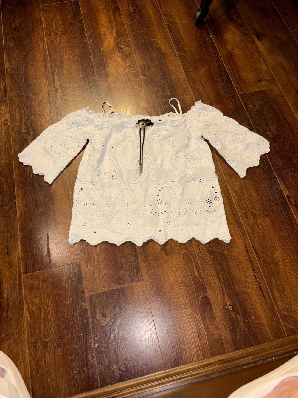 THE KOOPLES White Eyelet Lace 3/4 Sleeve Off the Shoulder Blouse Western Top 2 M